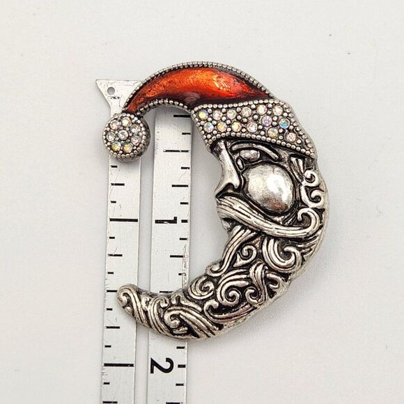 Half Moon Santa Brooch Pin Silver Tone Embossed Red Enamel Rhinestone Jewelry - Picture 4 of 4